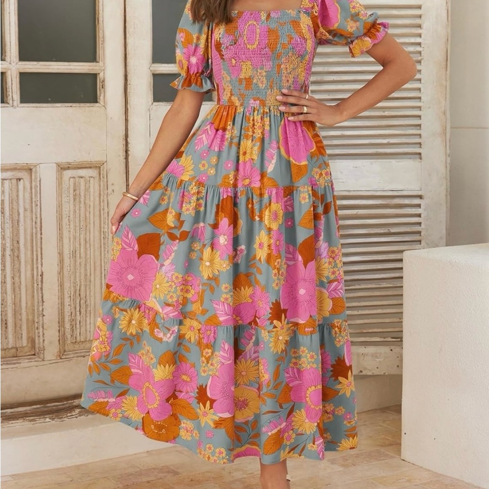 ZESICA Boho Floral Print Square Neck Ruffle Swing Beach Maxi Dress